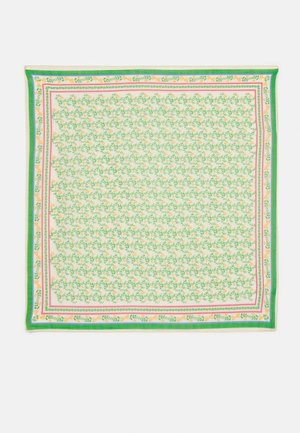 Quadratisches Tuch mit dichtem grün-gelbem Blumendesign, umrahmt von rosa Linien und grünen Rändern mit orangefarbenen Blattakzenten.