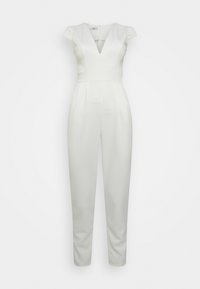 Mono blanco con escote en V, mangas cortas, corsé ajustado, cintura definida y piernas estrechas. Tejido suave sin patrones visibles.
