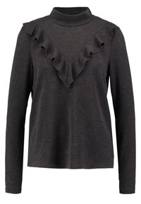 Ciemnoszara bluzka z długim rękawem z wysokim kołnierzem i wyraźnym, falbaniastym wzorem w kształcie litery V na przodzie, wykonana z miękkiej, fakturowanej tkaniny.