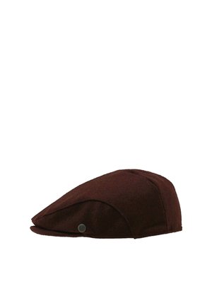 Dark brown flat cap with a button detail on the side, shown against a white background.