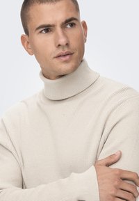 Beige gerippter Rollkragenpullover mit langen Ärmeln, hoher Kragen und lockerer Passform, der ein strukturiertes Strickmuster präsentiert.