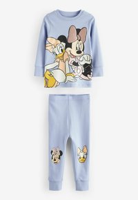 Completo pigiama azzurro chiaro a due pezzi con top a maniche lunghe decorato con grafiche di Minnie e Daisy, e pantaloni abbinati con stampe dei personaggi sulle gambe.