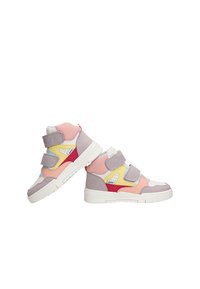 Colorful high-top sneakers featuring a mix of suede and mesh materials in pink, yellow, light blue, and purple with Velcro straps.