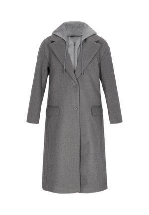 Larga chaqueta de lana gris con dos botones, bolsillos de solapa y una capucha gris clara adjunta con cordones.