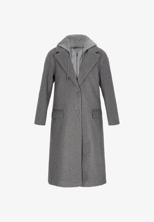Long gray wool coat with two buttons, flap pockets, and an attached light gray hoodie with drawstrings.