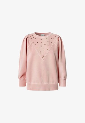 Roza dukserica s rebrastom teksturom, sa dekorativnim zlatnim zakovicama u trokutastom dizajnu na grudima i napuhanim rukavima.