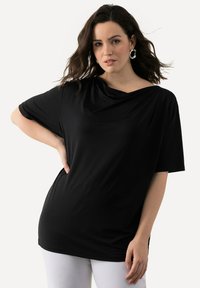 Ulla Popken WATERFALL NECKLINE SHORT SLEEVE  - T-shirt basic - black