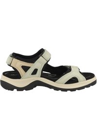 Sandales vert clair et noires avec des sangles ajustables, en matériau synthétique, avec des accents perforés et une semelle en caoutchouc texturée pour une meilleure adhérence.