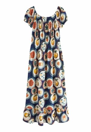 Navy blue midi dress with short puff sleeves and circular fruit prints including grapefruit, pineapple, and orange.