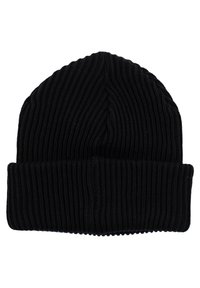 Czarna dziana czapka beanie o ryflowanej fakturze, z podwiniętym rantem na dole. Jednolity kolor i wzór na całej powierzchni.