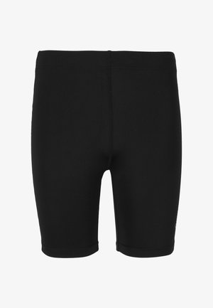 Sorte atletiske shorts lavet af strækbart stof, der har et tætsiddende design og glat tekstur, med en knælang længde og minimal detaljering.