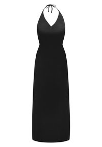 Schwarzes Neckholderkleid aus einem glatten, leichten Stoff. Es verfügt über ein tailliertes Oberteil mit Raffungen und einen fließenden, geraden Rock.