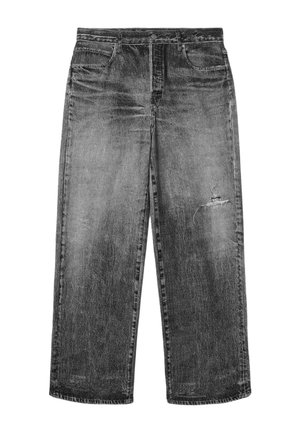 Schwarz gewaschene Jeans mit geradem Bein, vorderen Taschen, Knopfverschluss und einem kleinen Riss oberhalb des rechten Knies.