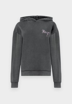 Grijze hoodie met een zachte textuur, voorzien van een geribbelde zoom en manchetten, en een geborduurd 'Hugo' logo in lichtpaars op de borst.