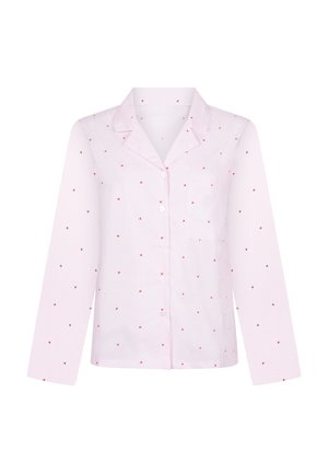 Hellrosa Pyjamaoberteil mit langen Ärmeln, kleinen roten Herzmustern, Knopfleiste vorne, Reverskragen und einer einzelnen Brusttasche.