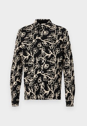 Schwarzes Langarmshirt mit weißer Blumenstickerei, einem Button-Down-Kragen und einem lässigen Schnitt mit sichtbaren Nähten.