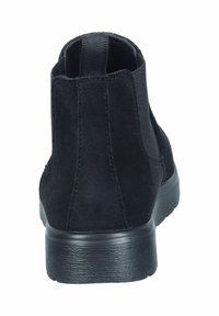 Schwarze Wildleder-Stiefeletten mit einer strukturierten Gummisohle, elastischen Seitenteilen und einem Zugband für einfaches An- und Ausziehen. Einfaches und schlankes Design.