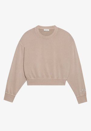 Cropped sweatshirt in light beige, featuring a round neckline, long sleeves, ribbed cuffs, and a decorative text detail on the left sleeve.