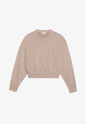 Lühem sweatshirthall beež, ümmarguse kaelusega, pikkade varrukatega, ribakäistega ja dekoratiivse teksti detailiga vasakul varrukal.