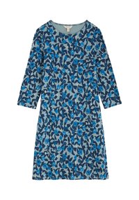 Rochie florală dintr-un material moale, cu flori albastre pe un fundal gri deschis, cu decolteu rotund și mâneci până la trei sferturi.