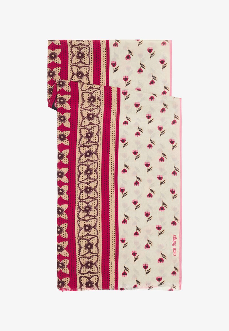 Écharpe en coton avec des motifs floraux et géométriques en bordeaux, beige et rose. Présente deux sections distinctes avec des designs et des couleurs contrastés.