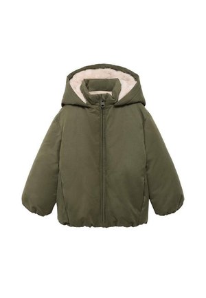 Veste matelassée vert olive avec capuche, fermeture éclair et doublure intérieure douce. Comprend des poignets élastiques et un ourlet arrondi.