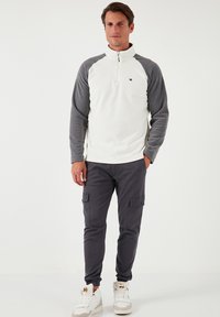 Fleece pullover i hvid med grå ærmer, halv-zip krave og et lille logo. Kombineret med grå cargo-bukser og hvide høj-top sneakers.
