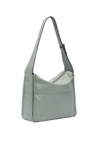 Borsa a tracolla in pelle verde chiaro con una sola tracolla regolabile, chiusura con zip e cuciture nere a contrasto lungo i bordi.