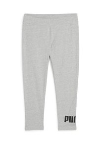 Szürke leggings, puha anyagból, rugalmas derékkal. A bal alsó lábon merészet fekete logó látható, függőlegesen nyomtatva.