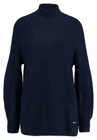 Granatowy sweter z długim rękawem, wykonany z dzianiny, z wysokim żeberkowym kołnierzem i teksturowanym wzorem.