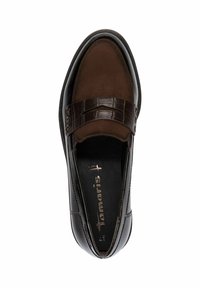 Brown slip-on shoe with a textured leather upper and smooth suede panel. Features a decorative strap with a crocodile pattern.
