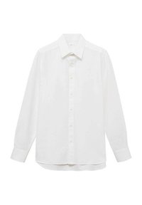 Camicia bianca a maniche lunghe con bottoni, realizzata in tessuto morbido, dotata di colletto classico, taglio dritto e chiusura frontale con sei bottoni.