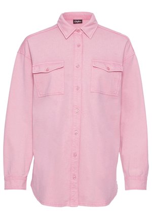 Roze spijkerblouse met een knoopsluiting aan de voorkant, twee borstzakken, lange mouwen en een klassieke kraag met een ontspannen pasvorm.