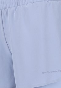 Vaaleansiniset urheilushortsit, joissa on joustava vyötärö. Kangas on sileä, ja siinä on hienovarainen kiilto sekä tummemmalla sävyllä painettu logo.