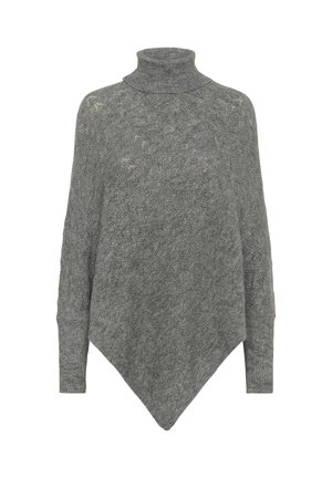 Grå strikket pullover med høj krave, der har et struktureret fiskebensmønster og en løs, asymmetrisk form.