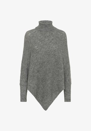 Gray knit pullover with a high collar, featuring a textured herringbone pattern and a loose, asymmetric shape.