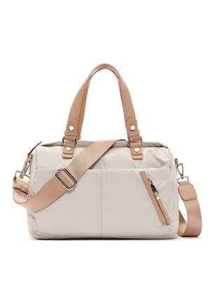 Beige en bruine handtas met dubbele handgrepen, verstelbare schouderriem, voorvak met ritssluiting en zilverkleurige metalen accenten.