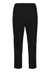 Pantalons noirs à taille élastique, coupe droite, longueur cropped et poches latérales. Texture douce et lisse sans motifs ni éléments métalliques visibles.