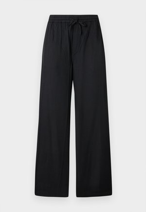 Pantalon noir à jambes larges en tissu doux avec une taille élastique et un cordon de serrage, doté de deux poches avant et d'une texture lisse.