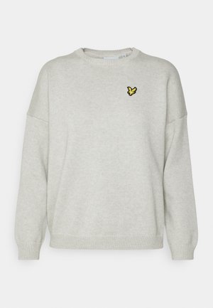 Light gray knitted crewneck sweater with long sleeves and a small yellow bird logo on the left chest.