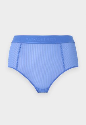 Chiloti albastri cu talie înaltă din material răsucit, cu o talie lată cu logo-ul "Polo Ralph Lauren" embosat.