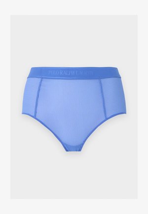 Magas derekú, kék bordázott bugyi széles, dombornyomott "Polo Ralph Lauren" logóval ellátott derékpánttal.