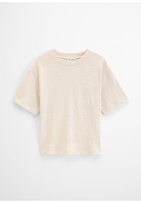 T-shirt beige à manches courtes avec col rond et coupe décontractée, présenté à plat sur un fond blanc.
