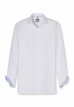 Wit herenoverhemd met lange mouwen, blauwe binnenmanchetten, spreadkraag, knopen aan de voorkant en een subtiel gestructureerd patroon.