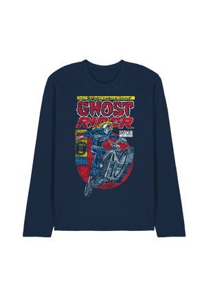 Navy long-sleeve shirt featuring a Ghost Rider comic graphic with a skeletal rider on a motorcycle, highlighted in red and blue tones.