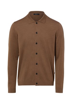 Cardigan marron à manches longues avec boutons noirs et col, affiché sur un fond blanc uni.
