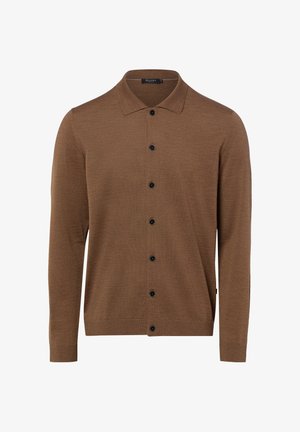 Bruine cardigan met lange mouwen, zwarte knopen en een kraag, weergegeven op een effen witte achtergrond.