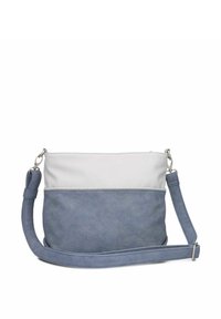 Bolso bandolera bicolor con correa ajustable, parte superior en gris claro y sección inferior texturizada en azul.