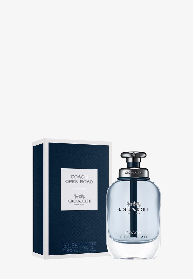 Coach Open Road Eau de Toilette-Flasche mit dunkelblauer Flüssigkeit und passendem dunkelblauen und weißen Verpackungskarton.