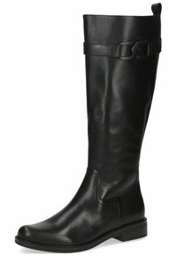 Bota de cuero negro hasta la rodilla con una textura suave, una correa con detalle de hebilla y un tacón bajo apilado.